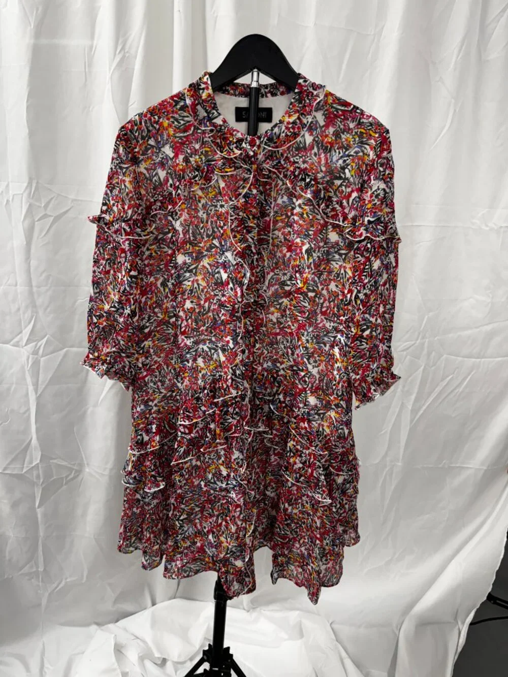 SALONI Tilly Silk Ruffled Mini Dress Pink White Floral 100% Silk Sz 8 - Picture 11 of 16